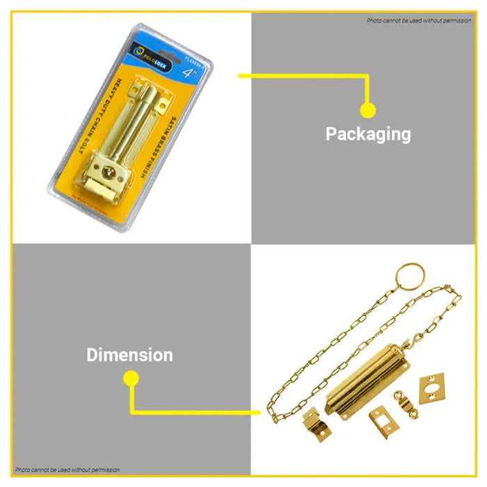 BUILDMATE Pololock 4" Inch Heavy Duty Chain Bolt Latch Security Anti-Theft Door Lock Satin Brass Finish PL88200-2