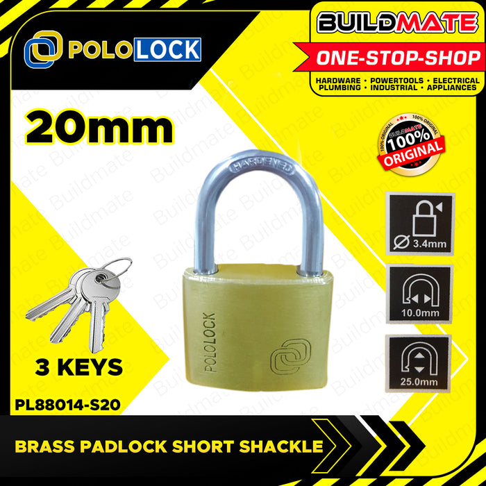 BUILDMATE Pololock Brass Padlock SHORT Shackle 20MM - 60MM Anti-Theft Keyed Wide Lock PL88014