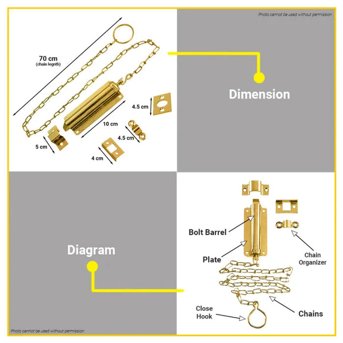 BUILDMATE Pololock 4" Inch Heavy Duty Chain Bolt Latch Security Anti-Theft Door Lock Satin Brass Finish PL88200-2