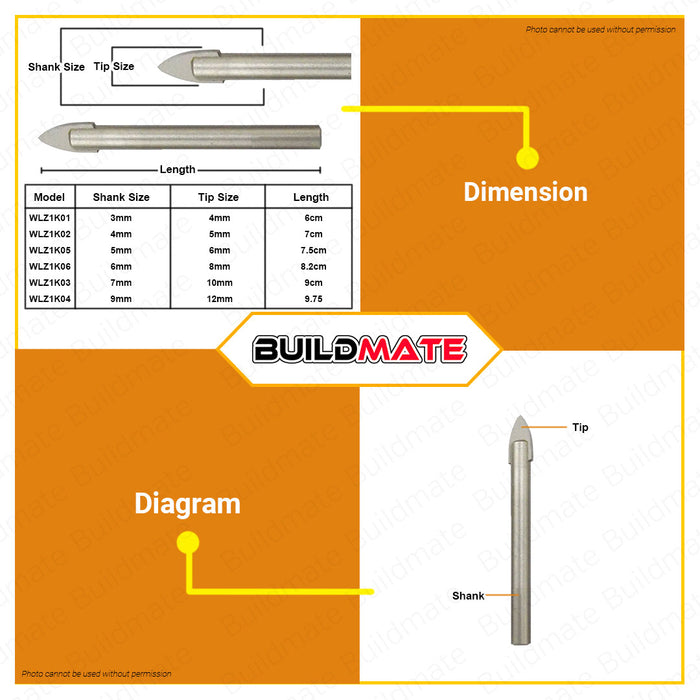 BUILDMATE Wadfow Tile and Glass Drill Bit 4x65mm - 12x97mm Glass and Tile Drill Bit Carbide Tipped Drill Bit Glass Drilling Tool Tile and Glass Cutting Bit Diamond Coated Drill Bit Tile Cutter Glass and Tile Drilling Accessory • WHT
