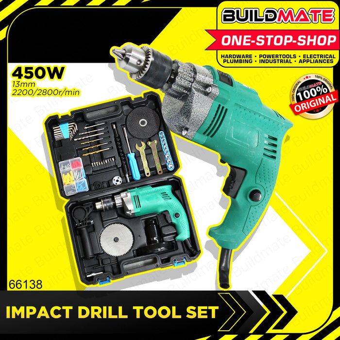 MKT Electric Impact Hammer Drill Tool Set Kit with Accessories and Case 450W 66138 •BUILDMATE•