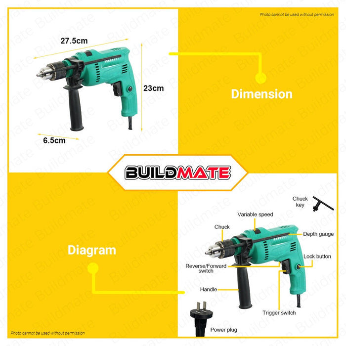 MKT Electric Impact Hammer Drill 13mm Powertools DIY For Masonry Concrete 71020 M8100 •BUILDMATE•