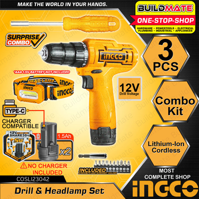 INGCO Lithium Ion Cordless Drill 12V 10mm CDLI12415 with Led Headlamp Bits Set IPX