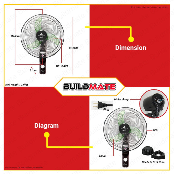 BUILDMATE Hanabishi 18" Wall Fan Windmill 18WF Three Adjustable Speed with Oscillation Control Wall-Mounted Windmill Cooling Fan SOLD PER PIECE