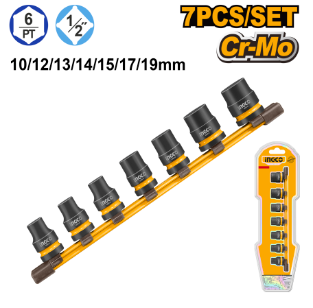 Buildmate x INGCO 7PCS 1/2"Dr Impact Socket Set Cr-Mo Standard HKISSD12071 IHT