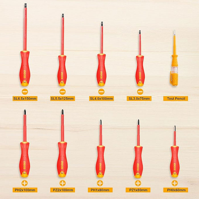 BUILDMATE Ingco 10PCS/SET Insulated Screwdriver With AC 100-500V Test Pencil Electricians Tool HKTV01S101 - IHT