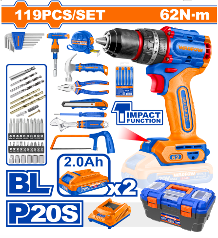 Buildmate x Wadfow 119-Pcs 20V Cordless Impact Drill & Tool Set WDT4B119 WCPT