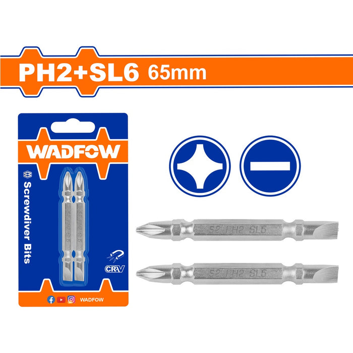 BUILDMATE Wadfow Screwdriver Bits Set 2PCS/SET 65MM PH2+SL6 | PZ2+SL6 Double Ended Phillips Screw Bit Magnetic Two-Sided Cross Slot Driver Bit for Power Screwdriver WSV0K11 | WSV0K21 • WHT