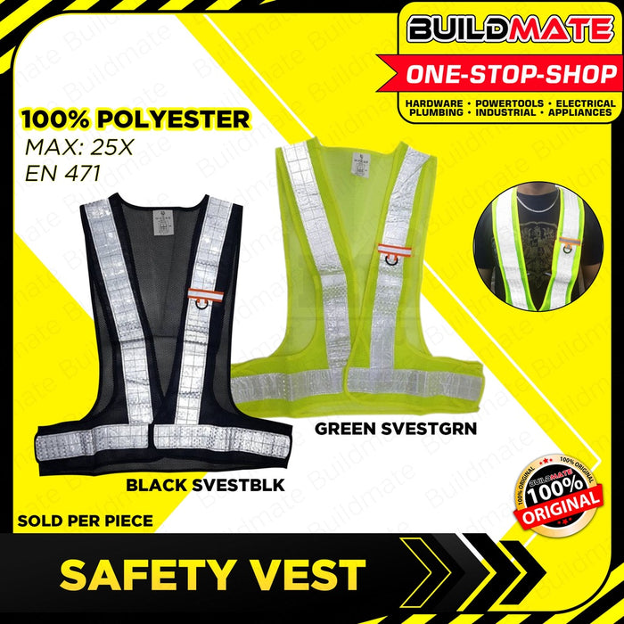 Safety Vest Green | Black Polyester Safety Vest With Reflective Strips High Visibility Reflection Vest [SOLD PER PIECE] SVESTGRN | SVESTBLK •BUILDMATE•