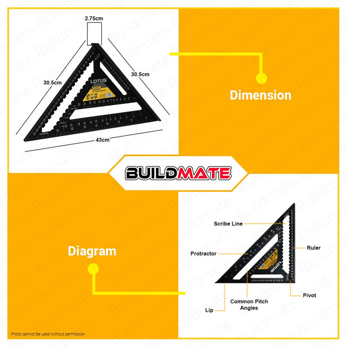 LOTUS 12" Inch Speed Square Aluminum Alloy Triangle Ruler Woodworking Speed Angle Square Black Triangle Carpenter Square Die-Cast for Woodworking and Carpentry LTSA1200X • LHT
