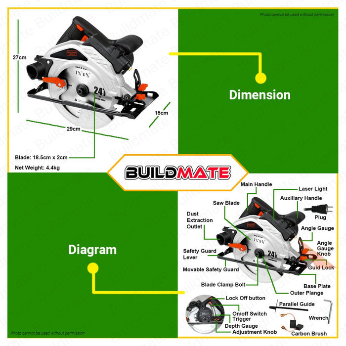 HOYOMA Circular Saw with Laser Line 1500W HT-CS1500 Cutting Cutter Saw Wood •BUILDMATE• HYMPT
