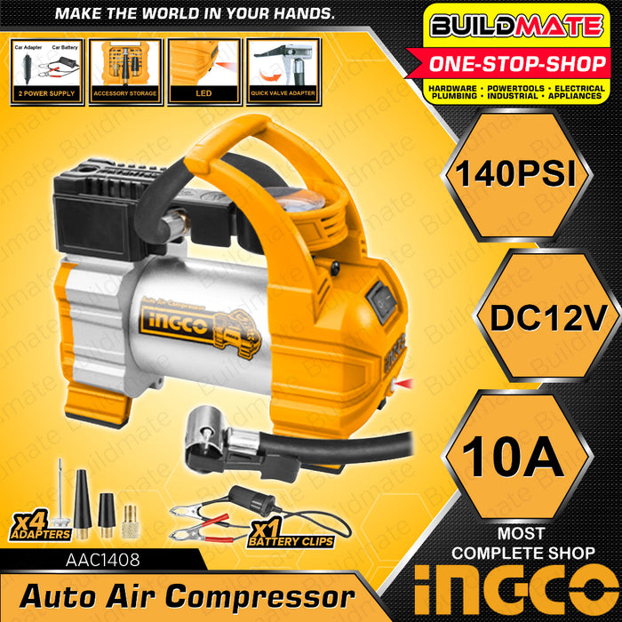 INGCO Auto Air Mini Compressor 140PSI Auto Air Compressor DC12V Total Power With Nozzle Tire Inflator Air Pump Auto Tire Pump AAC1408 | AAC1401 [SOLD PER SET] •BUILDMATE• IPT