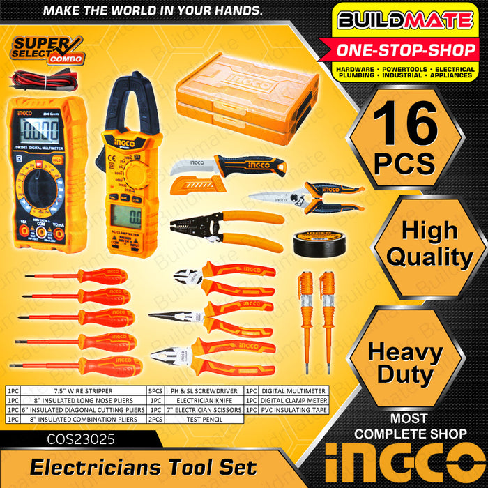 BUILDMATE Ingco Digital Multimeter Tester CAT.III 600V 1999C Multi Tester Multimeter Electric Tester DC Voltage Tester AC Voltage Tester DM2002 | DM6011 | 16PCS/SET Digital Multi Meter Clamp with Electricians Tools Set Screwdrivers COS23025 • IPT