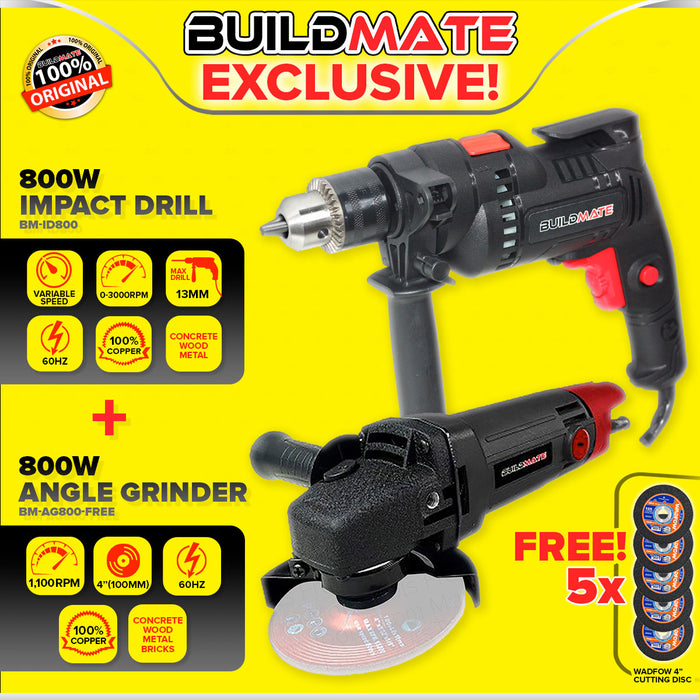 BUILDMATE Brand 800W Angle Grinder AG800 with Impact Drill with Hammer Function ID800 Heavy Duty Power Tools Combo Kit