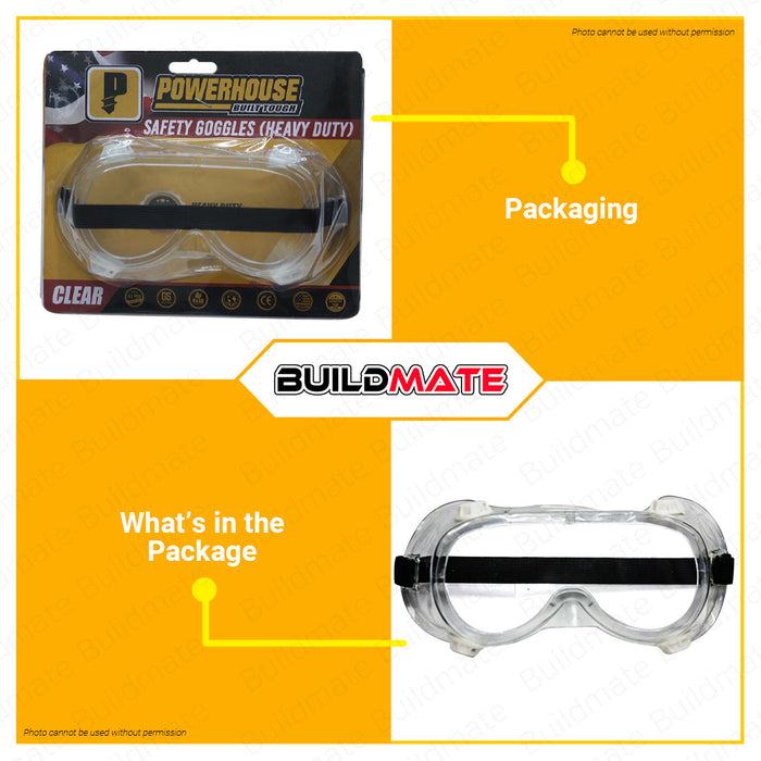 POWERHOUSE Safety Goggles Elastic Headband Lightweight Eye Protection Googles •BUILDMATE• PHHT