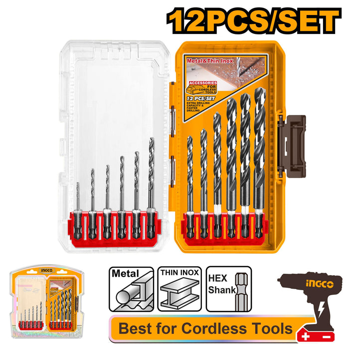 INGCO 12pcs HSS Drill Bits Set for Wood, Metal, & Plastic Drilling AKDL11206 IHT - BUILDMATE