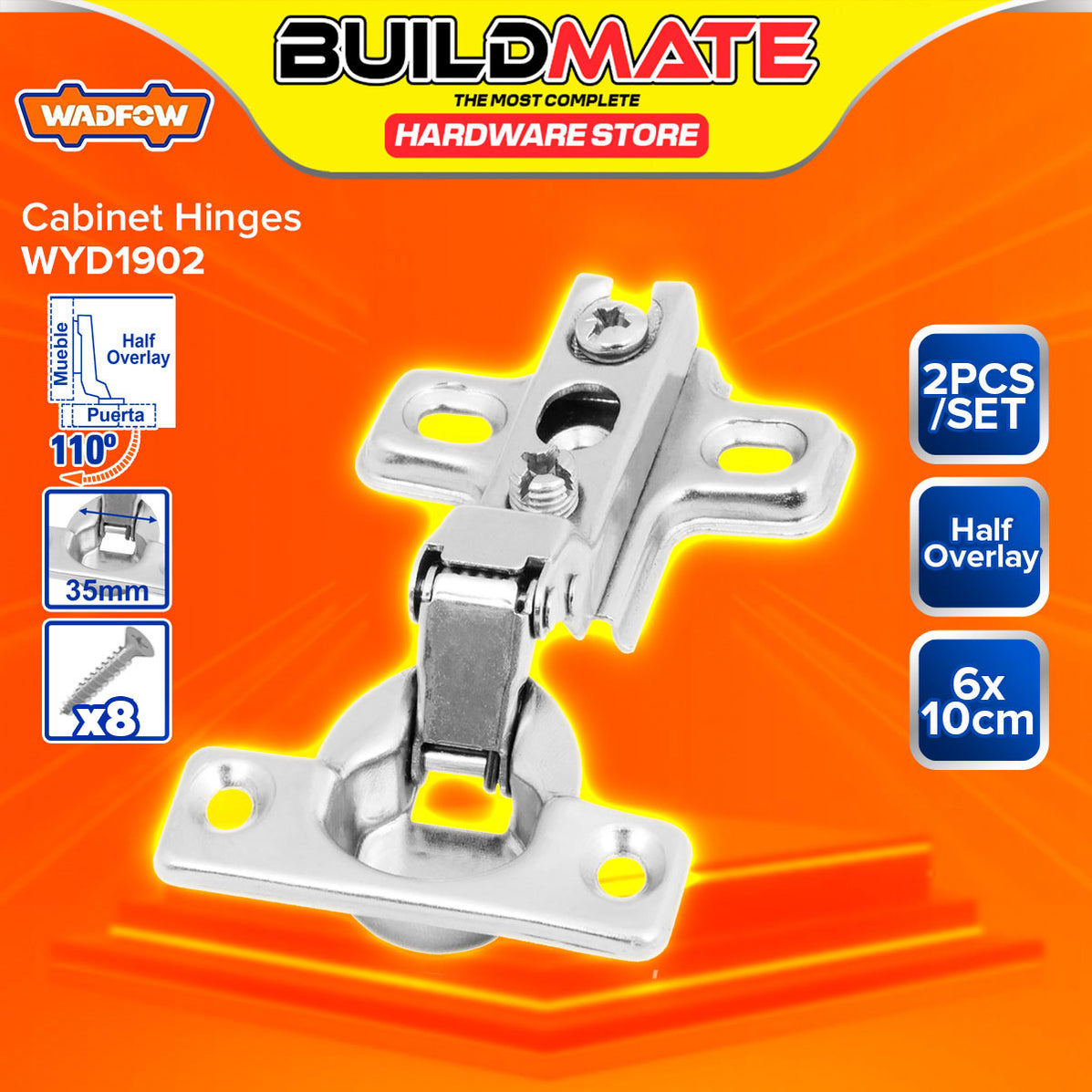 BUILDMATE Wadfow Hinges 6x10cm Inset Half Overlay Self Closing