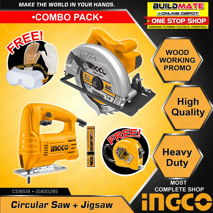 [COMBO B] INGCO Circular Saw CS18518 + Jigsaw JS400285 +FREE INGCO GOGGLES, GLOVES & TAPEMEASURE •BUILDMATE• IPT