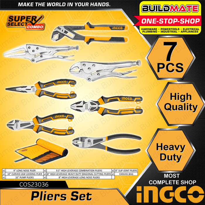 BUILDMATE Ingco 7PCS Pliers Set Long Nose Locking Pliers Curved Jaw Locking Pliers Pump Pliers High Leverage Combination Pliers High Leverage Diagonal Cutting Pliers High Leverage Long Nose Pliers Slip Joint Pliers with Canvas Bag COS23036 • HT2
