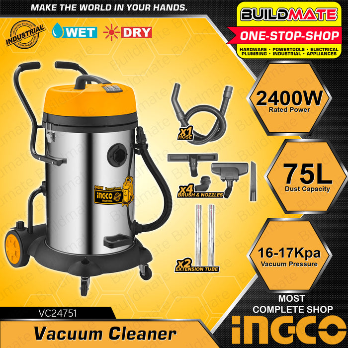 BUILDMATE Ingco Wet and Dry Vacuum Cleaner 75L 2400W Multi-Purpose Mops Dirt Cleaner Self-Cleaning Air Drying Household Floor Cleaning Tools with Wheels VC24751 • IPT