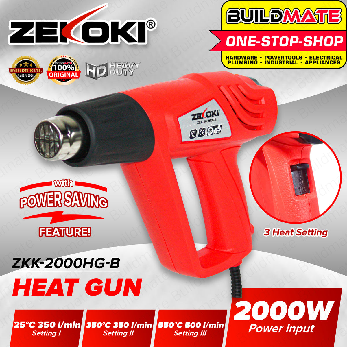 BUILDMATE Zekoki Heat Gun Blower 2000W 3Setting Heat with Cooling Off — Buildmate