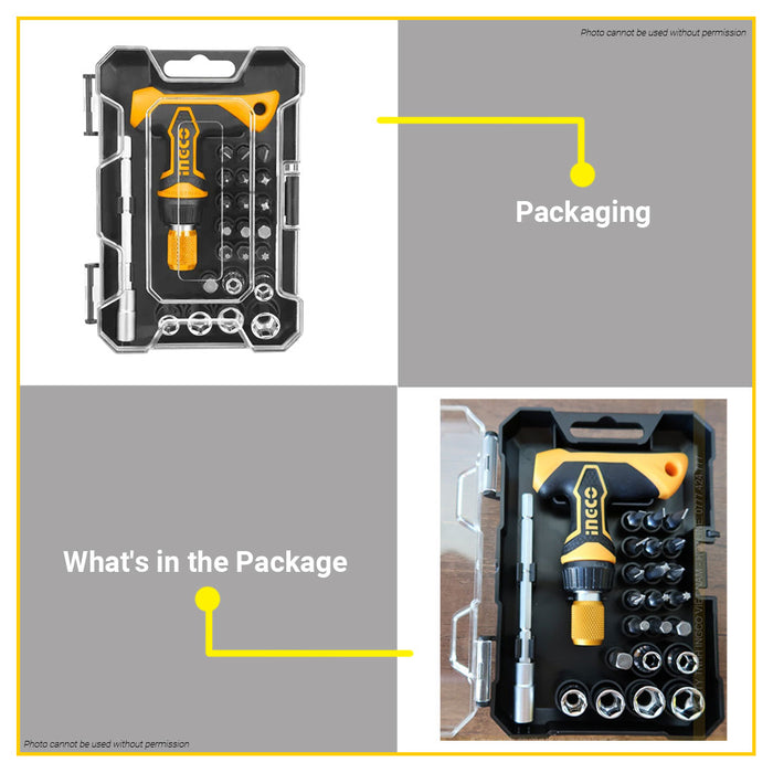 INGCO 24 PCS T Handle Wrench Ratchet Magnetic Screwdriver with Set Bit Holder HKSDB0188 •BUILDMATE• IHT