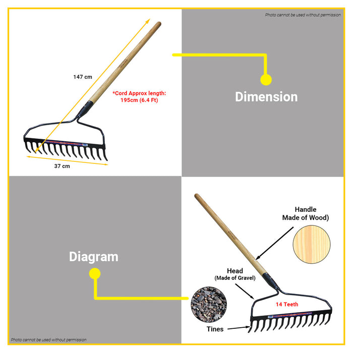 Building Seating Rakes BUILDMATE Wadfow 1380mm Carbon Steel Garden Rake 14 Teeth Wooden Handl ...