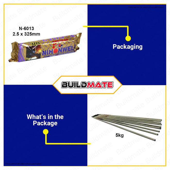 BUILDMATE Nihonweld Special 5KG Welding Rod Electrode 2.5MM | 3.2MM [SOLD PER PACK] General Purpose Rutile Coated Welding Electrode for Stick Arc MMA Welding Machine N-6013 | N-6013F