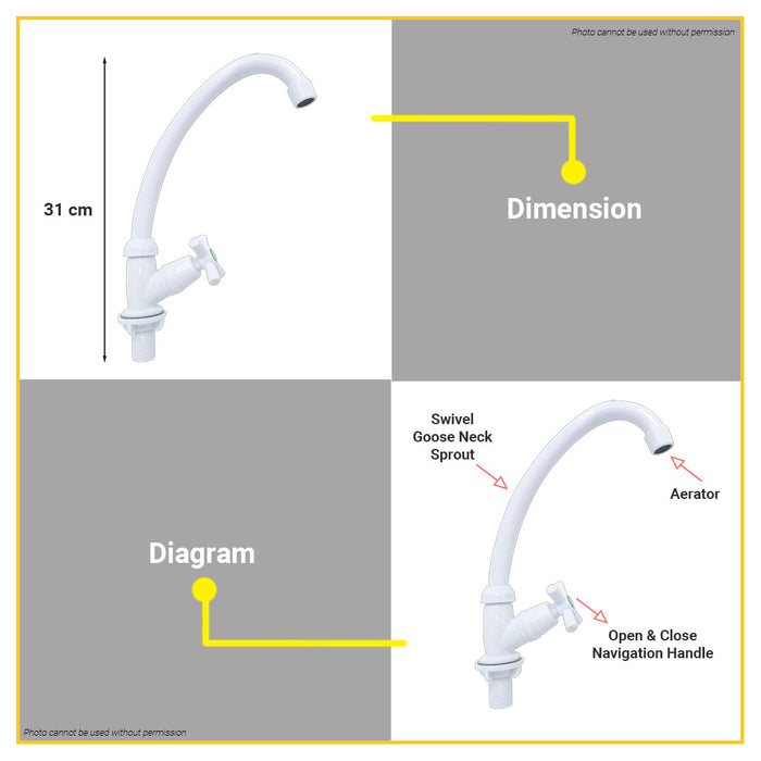 BUILDMATE Maxten PVC Goose Neck Kitchen Faucet Sink Wash Basin Rotatable Sink Faucet
