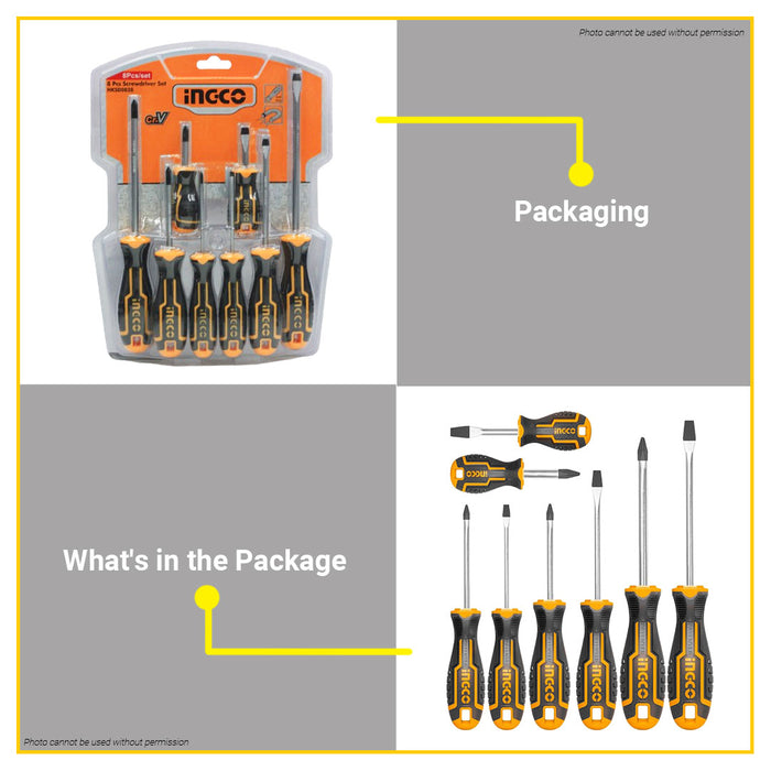 BUILDMATE Ingco 8pcs Screwdriver Set Cr-V Flat & Phillips Screw Driver DIY Hand Repair Tool Kit HKSD0828 - IHT