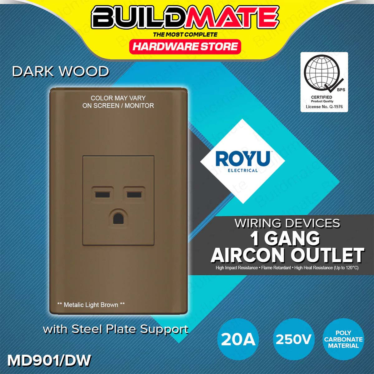 BUILDMATE Royu Plano Outlet Set Wide Series Dark Wood 250V Polycarbona ...