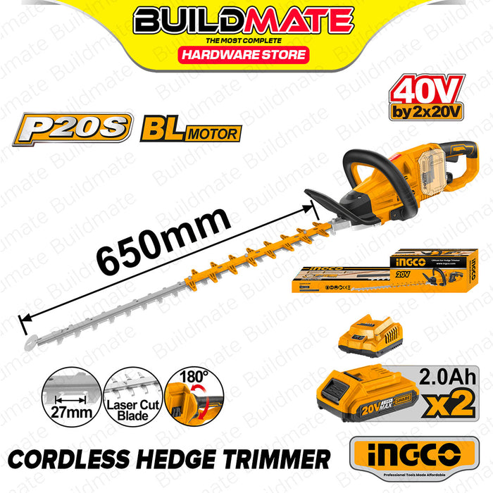 BUILDMATE Ingco 40V Lithium-Ion Cordless Brushless Hedge Trimmer Rechargeable Grass Trimming Shear Power Tool CHTLI400282 - ICPT