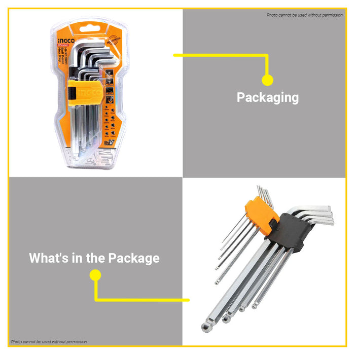BUILDMATE Ingco 9PCS Ball Point Hex Key Set 1.5mm-10mm Allen Wrenches Hand Repair Driver Tool SOLD PER SET HHK12091 / HHK12092 - IHT