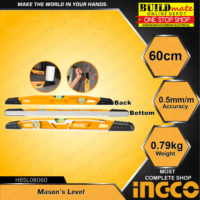 INGCO Mason's Level 60cm / 0.79 kg Aluminum Alloy with 0.5mm/m Accuracy HBSL08060 •BUILDMATE• IHT