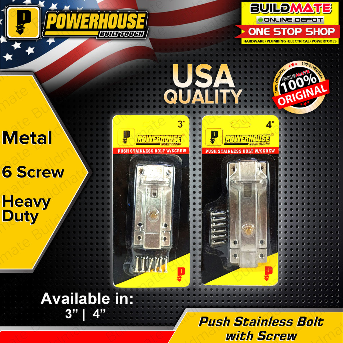 POWERHOUSE USA Push Bolt Door Lock Stainless with Screw 3