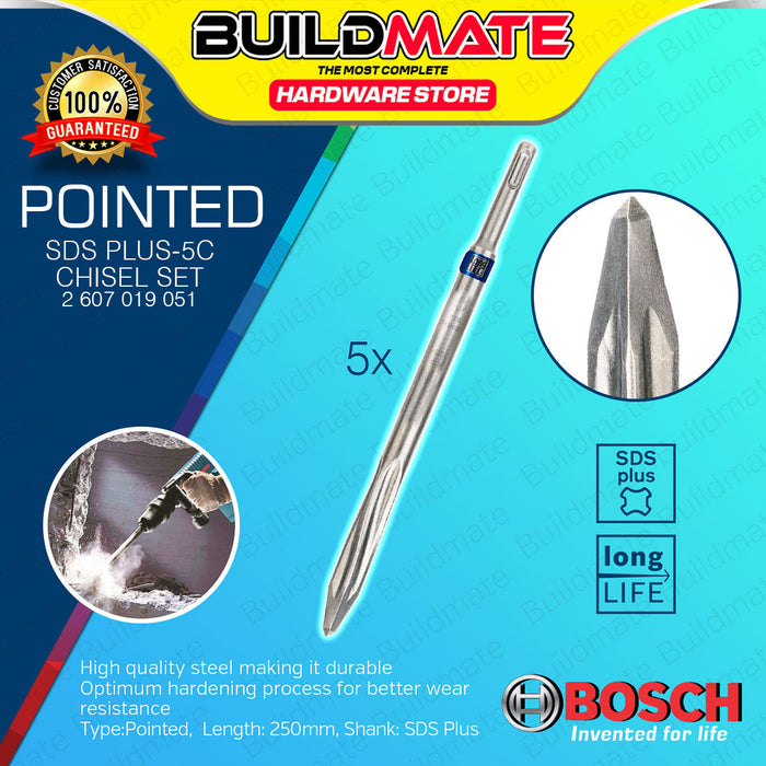 BUILDMATE Bosch 5pcs SDS Plus-5C Pointed / Flat Chisel 250mm Concrete Chiselling For Rotary Hammer Drills & Demolition Hammers - BAX