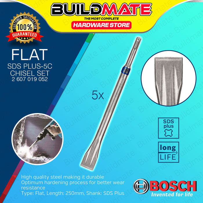 BUILDMATE Bosch 5pcs SDS Plus-5C Pointed / Flat Chisel 250mm Concrete Chiselling For Rotary Hammer Drills & Demolition Hammers - BAX