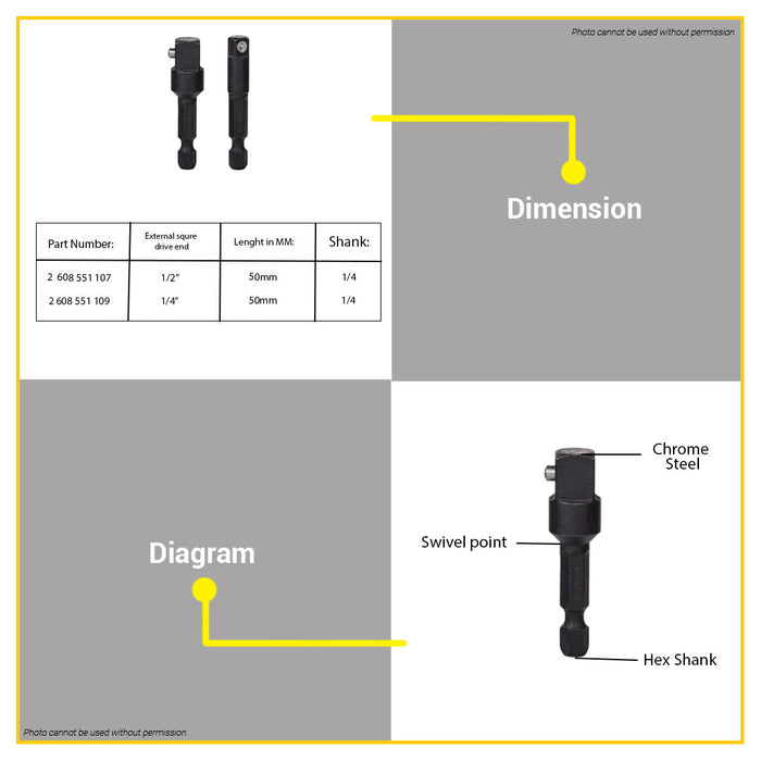 BUILDMATE Bosch 1/4" External Hex Shank Adapter for 1/4" Square Drive Accessories for Sockets - BAX