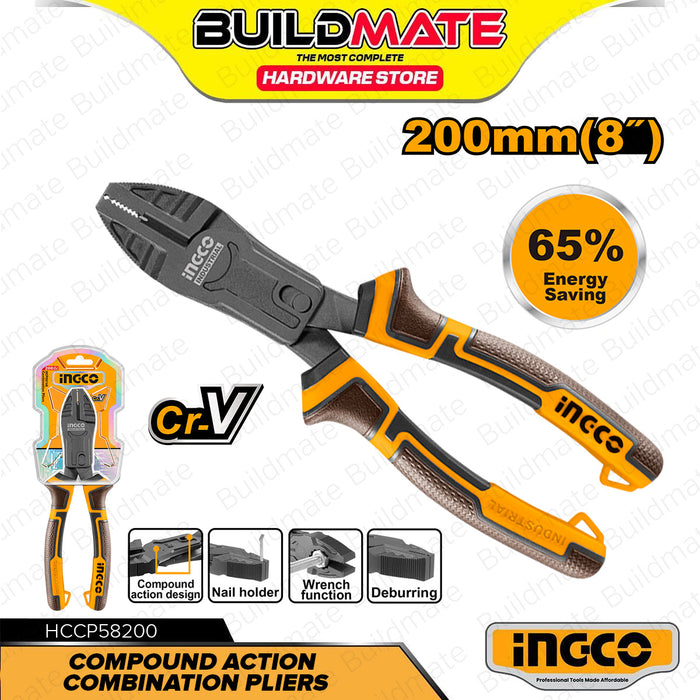 BUILDMATE Ingco Compound Action Combination Pliers 8" / 9.5" Inch Multi-functional Plier with Deburring & Spanner Function Hand Tools - WHT