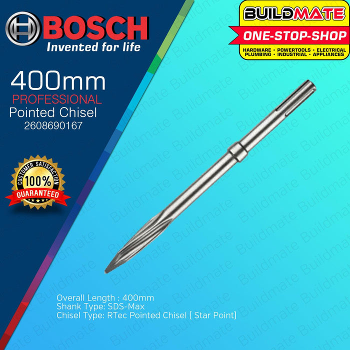 BUILDMATE Bosch (Star Point) RTec Pointed Chisel | SDS-Max Flat Chisel Hex Shank 280MM | 400MM • BAX