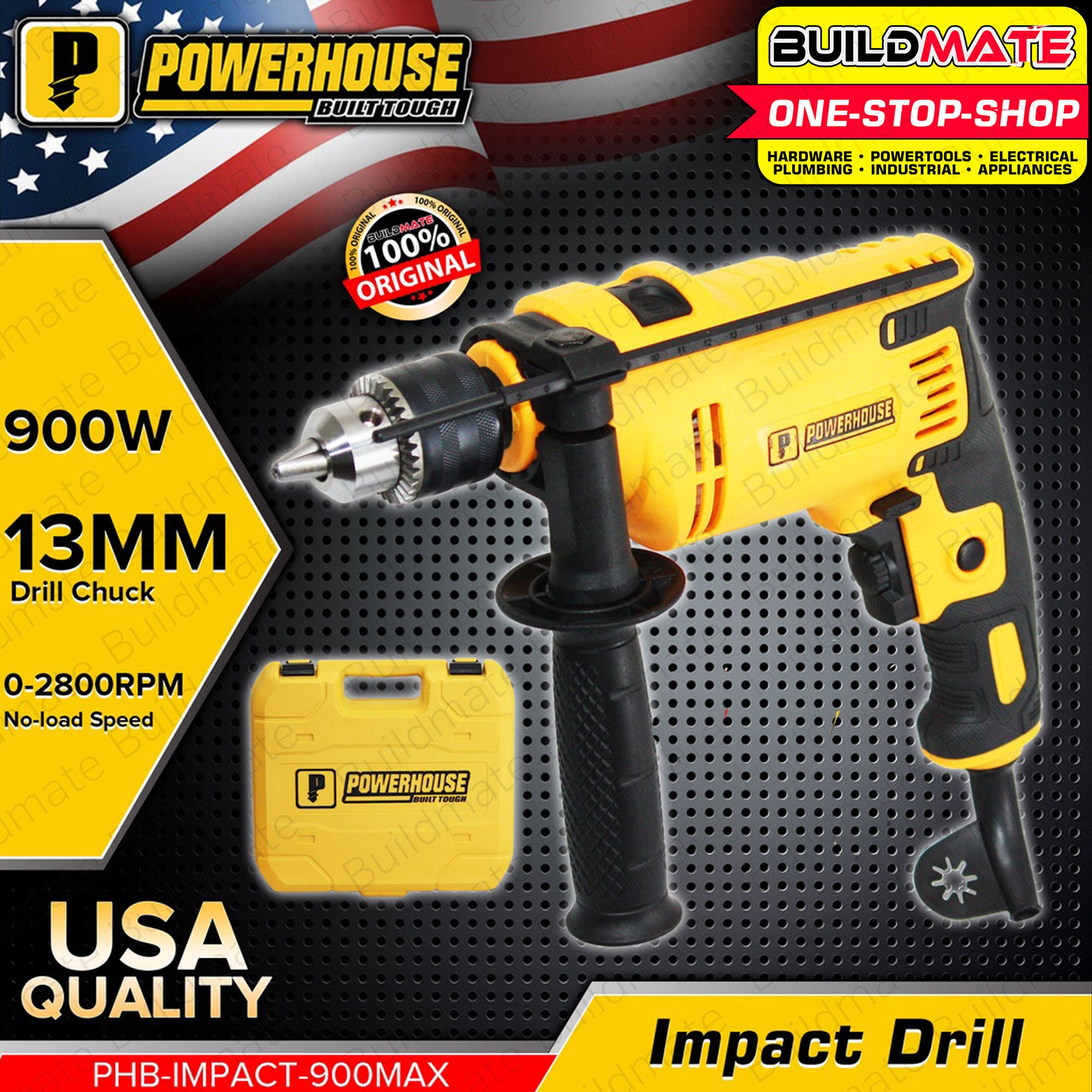 BUILDMATE Powerhouse Impact Drill Driver 900W 13mm with Carrying Case ...