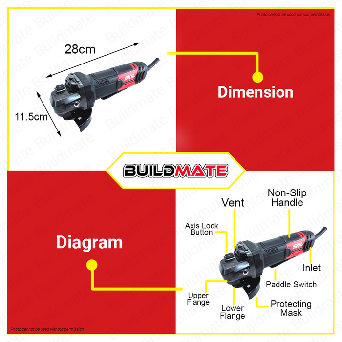 SKIL 850W Heavy Duty Angle Grinder 4" 100mm with FREE Damping SKIL Handle Paddle Switch AG1Z9132AB •BUILDMATE•