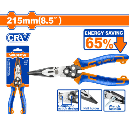 Buildmate x WADFOW 8.5" Compound Action Long Nose Pliers Cr-V Black WPL2768 WHT