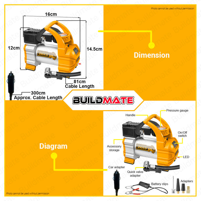 INGCO Auto Air Mini Compressor 140PSI Auto Air Compressor DC12V Total Power With Nozzle Tire Inflator Air Pump Auto Tire Pump AAC1408 | AAC1401 [SOLD PER SET] •BUILDMATE• IPT