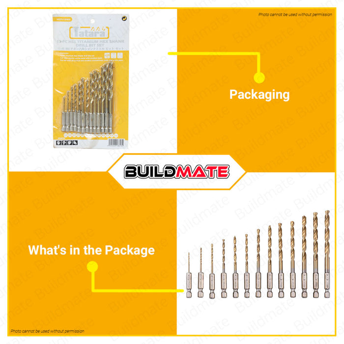 BUILDMATE 13PCS Tatara Drill Bit Set 1.5 - 6.5mm HSS Titanium Hex Shank Drill Bit for Steel Wood Titanium Twist Drill Bit Set Quick Change Drill Bit HSSTI-13HEX •