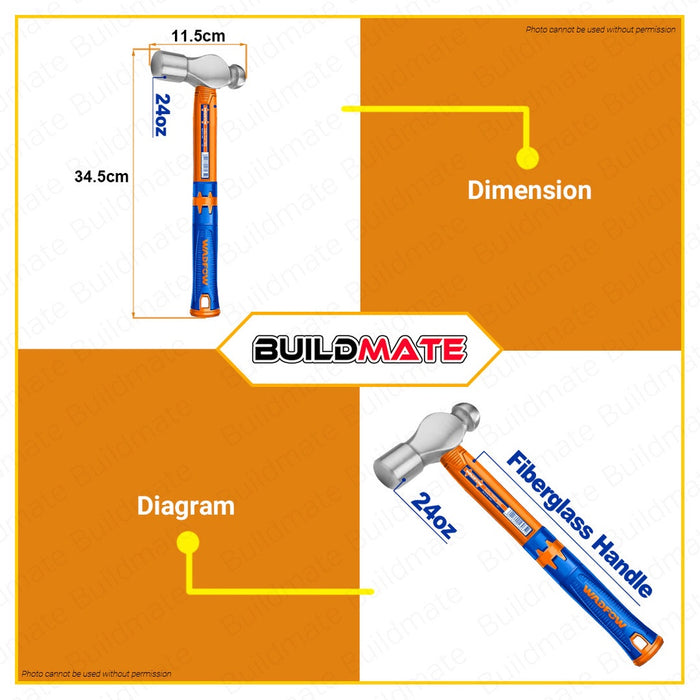 BUILDMATE Wadfow Ball Pein Ballpein Ball-peen Hammer 16oz | 24oz | 32oz | 48oz [SOLD PER PIECE] Unique Design Fiberglass Handle Drop-forged Hammerhead Double Striking Heads for Household Workshop Repair • WHT