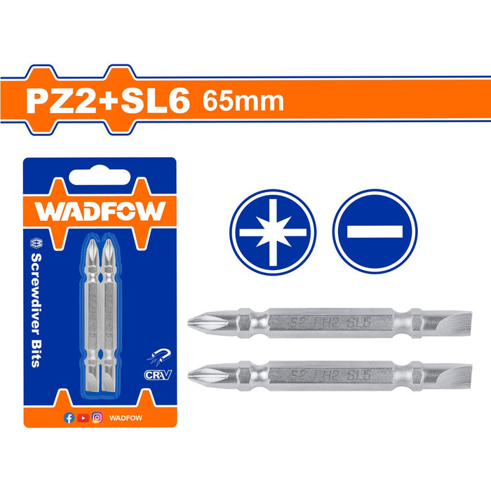 BUILDMATE Wadfow Screwdriver Bits Set 2PCS/SET 65MM PH2+SL6 | PZ2+SL6 Double Ended Phillips Screw Bit Magnetic Two-Sided Cross Slot Driver Bit for Power Screwdriver WSV0K11 | WSV0K21 • WHT