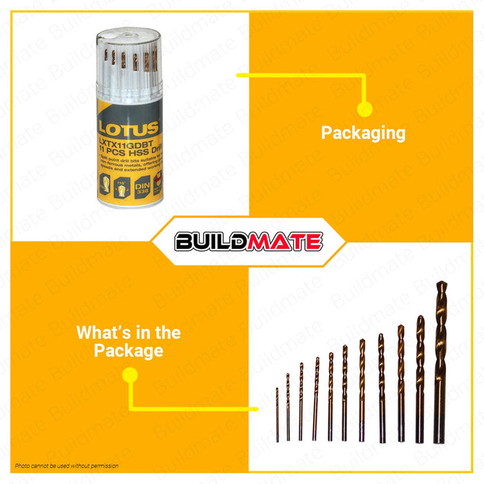 LOTUS 11PCS HSS G-Tin Co Bit Set HSS Drill Bit Set Impact Drill Bit Set for Metal Drilling, Brick, Tile, Cement, Ceramic, Hand Tool Stainless Steel Aluminum LTXT11GDBT •BUILDMATE• LHT