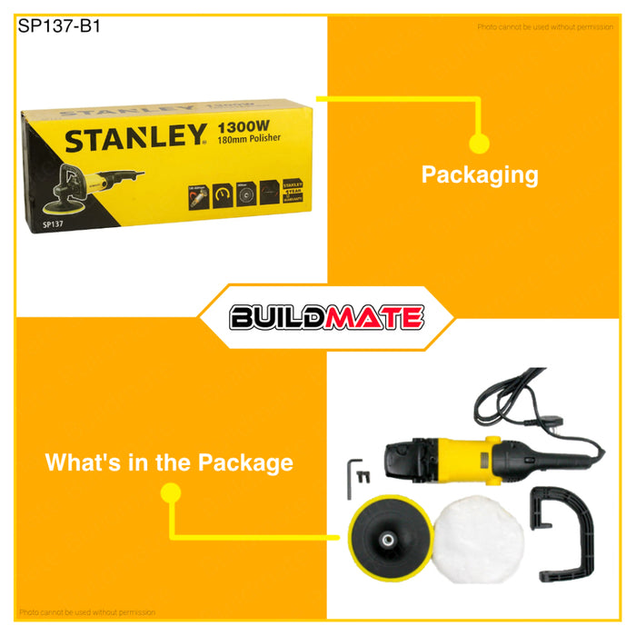 BUILDMATE Stanley Electric Angle Polisher Buffing Machine 1300W 180mm Electric Car Polisher Polishing Machine Variable Speed Buffing Waxing / Waxer Machine STGP1318K-B1 | SP137-B1 • SPT