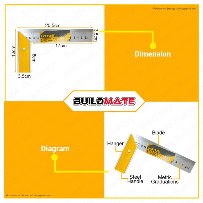 LOTUS Try Square Ruler 6" Inch | 8" Inch [SOLD PER PIECE] Aluminum Alloy L-Square Ruler, Framing Ruler, Carpenters Square, L Ruler, Right Angle Ruler Metal Framing Steel Square LTHT150STX | LTHT200STX •BUILDMATE• LHT